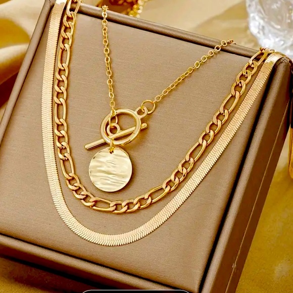 NIB 3-Piece Women's Layered Necklace Set, Snake Bone Chain with Coin Pendant - Picture 1 of 7